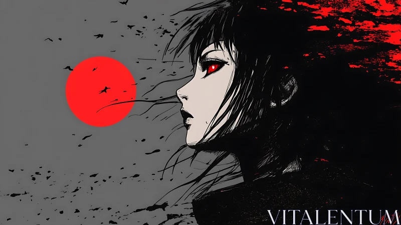 Profile of red eyed woman against stark red sun.