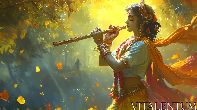 Divine figure playing flute in glowing forest scene.