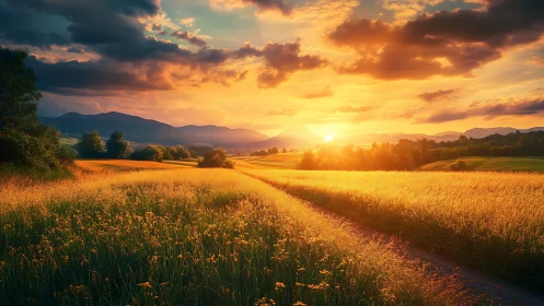 Golden country fields glow under a dramatic summer sunset sky