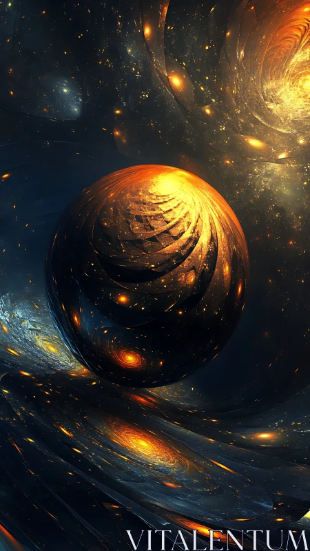 Golden cosmic sphere drifting through swirling starlight.