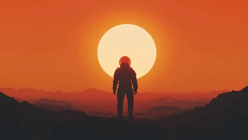 Astronaut silhouette studies alien desert under colossal sun.