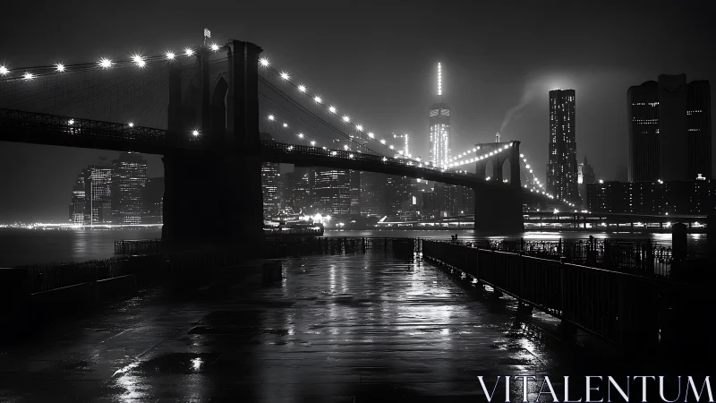 Midnight city bridge glowing above rain-slicked waterfront.