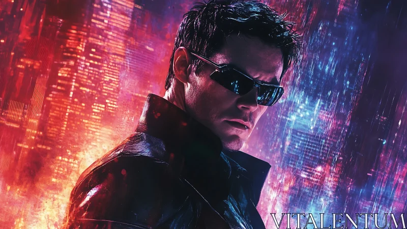 Cyberpunk agent stands against neon city light storm