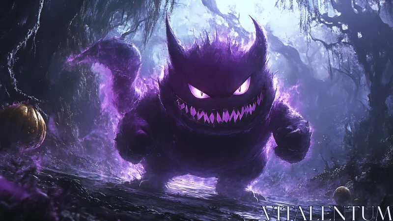 Menacing ghost creature stalks through a glowing misty forest.