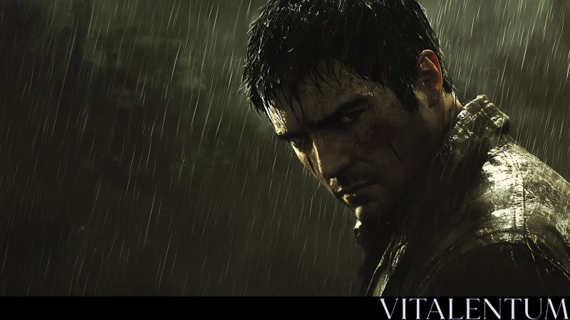 Rain-soaked male protagonist under hard rim lighting in storm