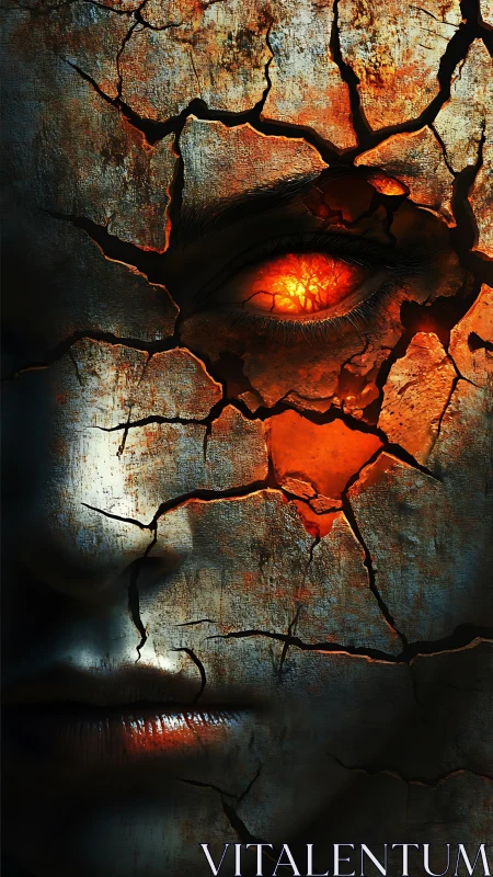 Cracked stone visage with molten inferno eye emerging.