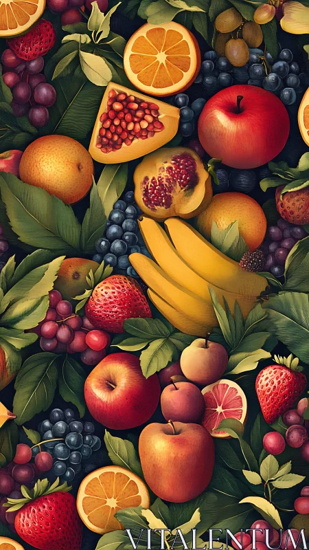 Mixed fruit assortment with leaves in detailed illustration.