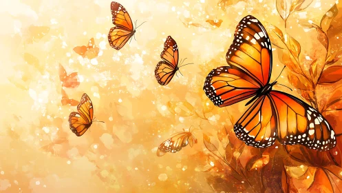 Monarch butterflies in luminous orange atmospheric fieldscape.