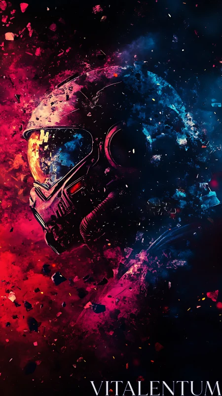 Astronaut helmet disintegrates into neon debris under dual-color light