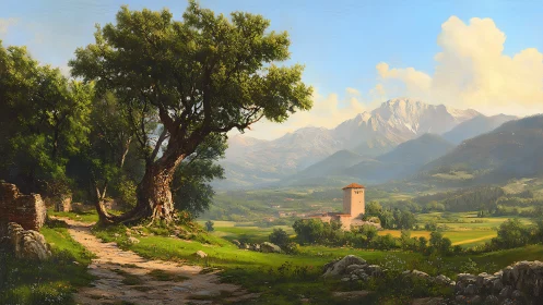 Sunlit country path winding toward a peaceful valley tower.