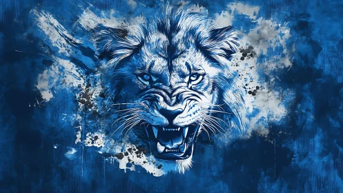 Inkstorm lion erupts from midnight blue cosmic spray