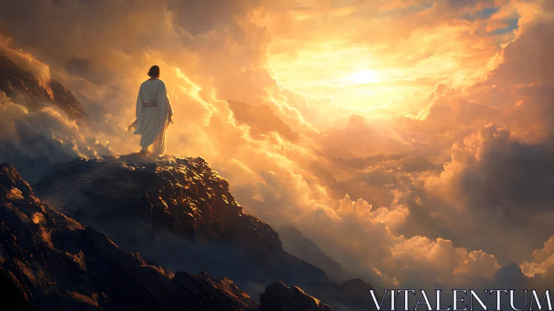 Solitary figure greeting a sunrise above glowing clouds.