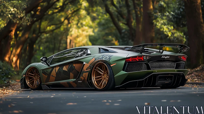 Modified green supercar with camo wrap on forest road.