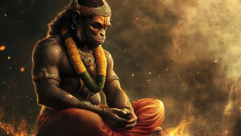 Mythic humanoid figure sits amid smoke and floating embers