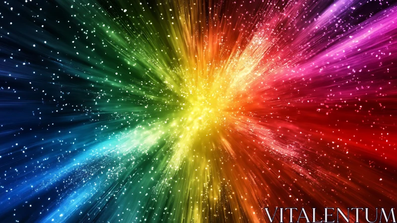 Radial multicolor light burst with fine particle streaks.