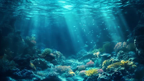 Submerged coral reef landscape with filtered sunlight beams.