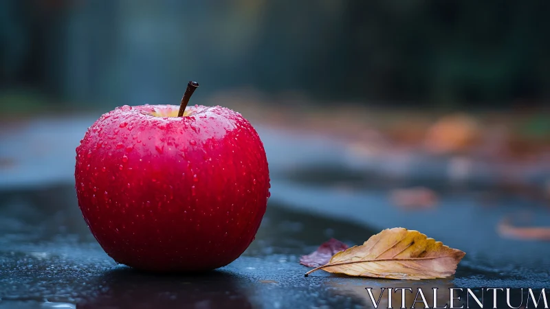 Crisp red apple resting beside a quiet autumn leaf.