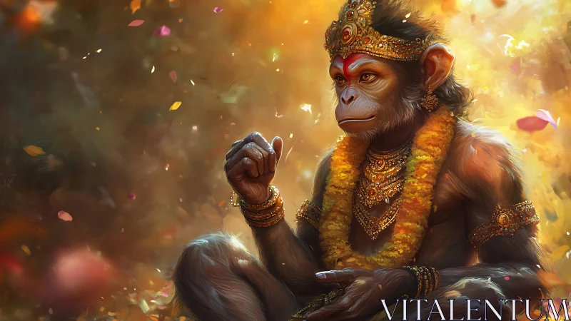 Simian deity portrait in ornate gold regalia, warm bokeh field