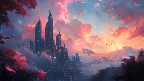 Futuristic skyline dissolves into atmospheric neon sunset clouds