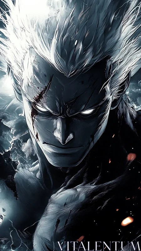 Monochrome battle-hardened antihero in electrified stormfield.