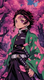 Gentle anime swordsman under dreamy pink blossoms.