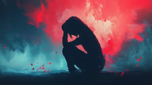 Silhouetted figure kneels in turbulent red and teal light