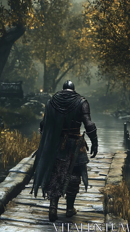 Armored wanderer crossing weathered boardwalk in misted grove.