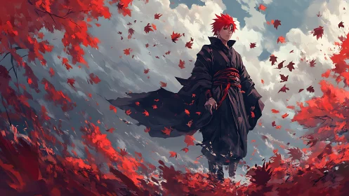 Red haired figure in black robe amid swirling red leaves.