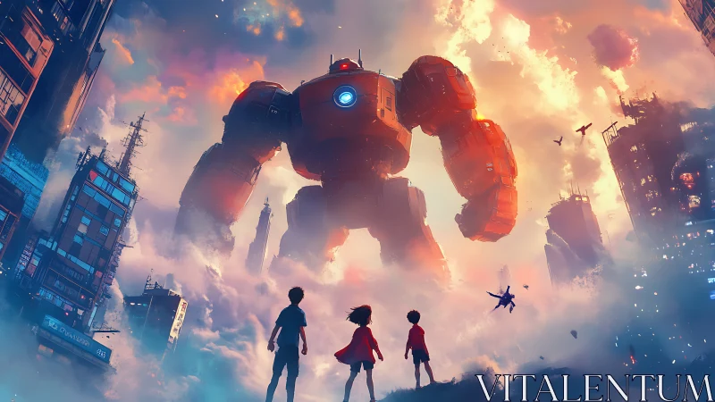 Colossal dawn mech meets three child dreamers in neon fog.