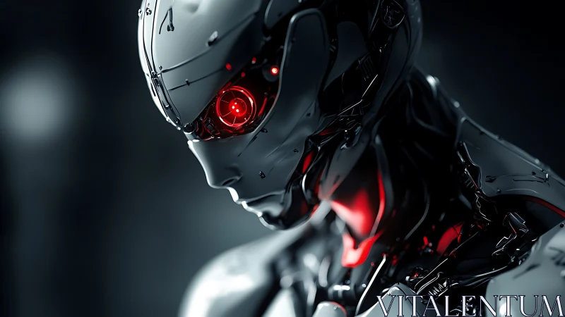 Cybernetic humanoid with red optical core and glossy exoshell