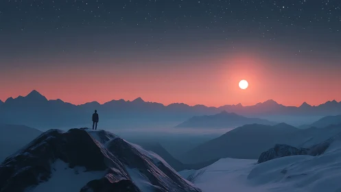 Solitary figure observes glacial mountain range at digital dusk
