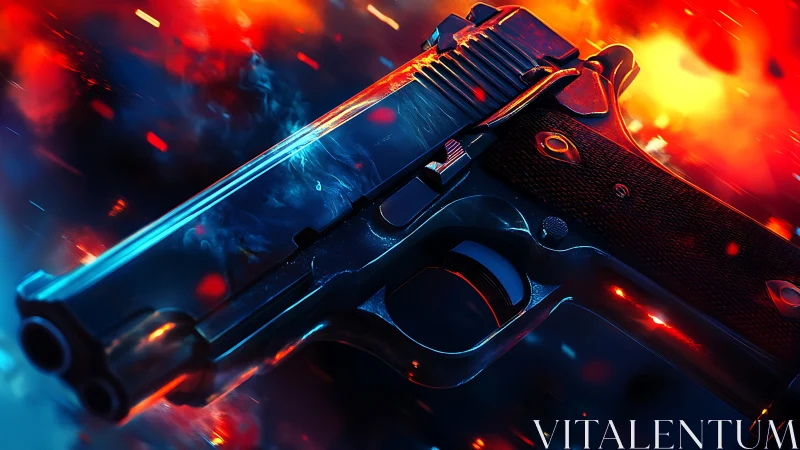 Molten muzzle flash ignites a chrome pistol in neon storm.