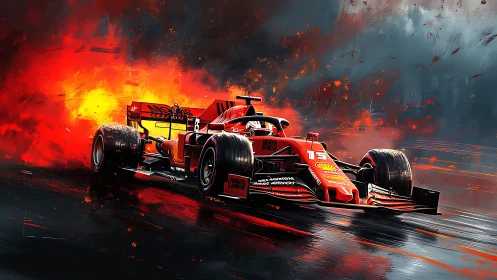 Blazing red formula racer knifes through molten storm horizon.