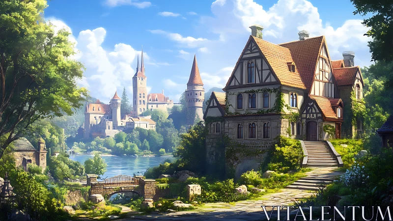 Sunlit riverside manor dreaming beneath castle spires.