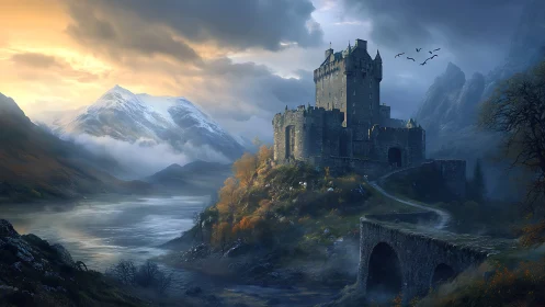 Digital painting of mist-laden highland castle at sunrise.