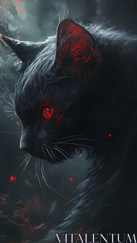 Demonic black cat portrait with glowing red embers.