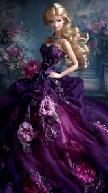 Fashion doll stands in layered purple floral evening gown