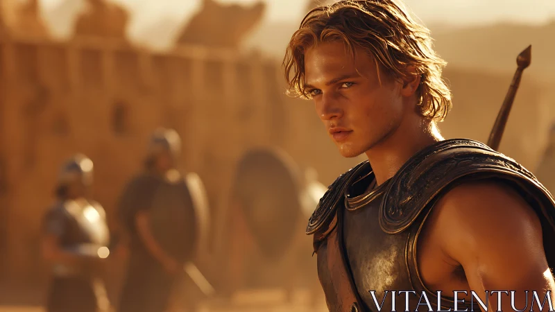 Young bronze armored warrior in sunlit ancient battlefield.