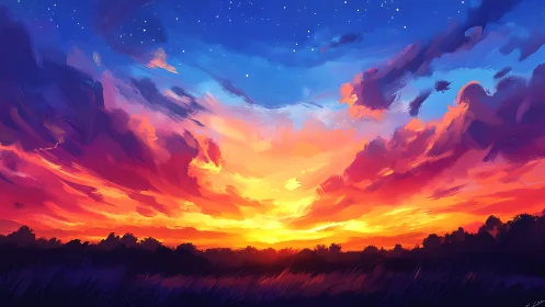 Vibrant spectral sunset sky rendered with dynamic brushwork and contrast