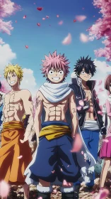 Anime trio under sakura canopy with dynamic petal motion.