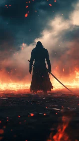Lone warrior stands in fiery wasteland under stormlit smoke