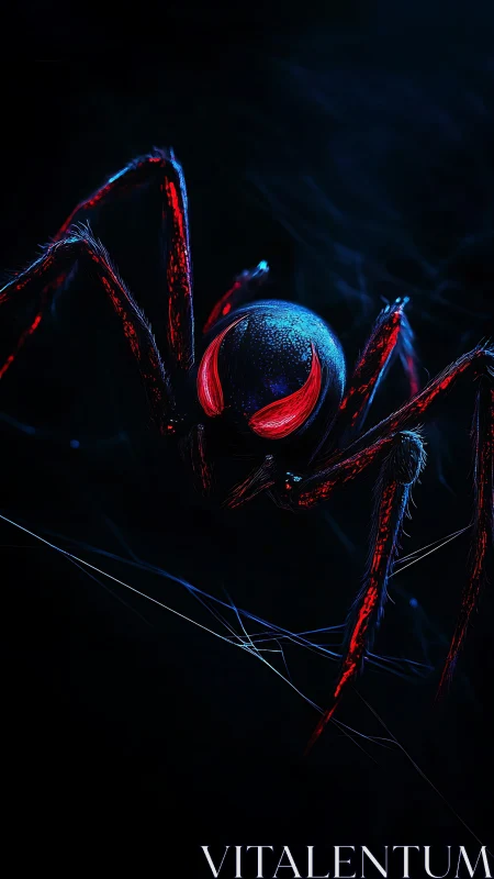Neon red-eyed spider stalks through dark digital webscape.