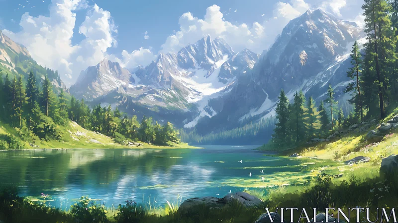 Sunlit alpine lake with snowcapped peaks and layered atmospheric depth