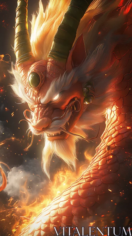 Fiery horned dragon coiled in flames with glowing jewel.