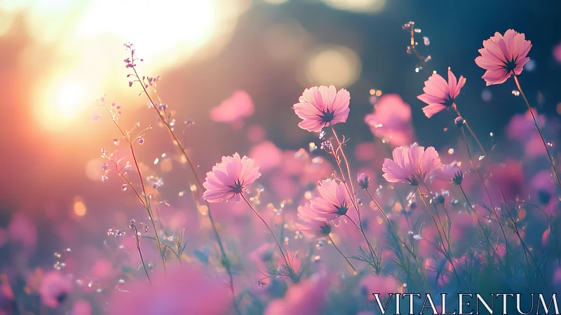 Pink cosmos flowers bathed in golden sunset glow.