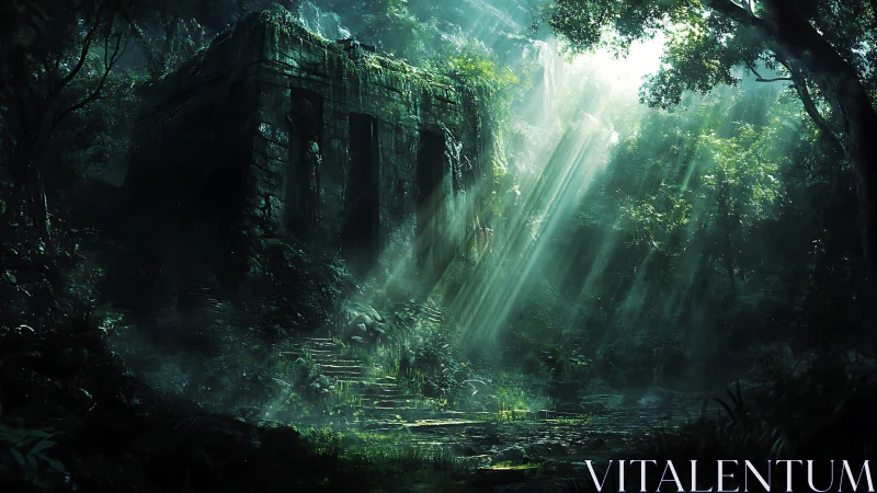 Sunbeams spill like secrets over the jungle stone keep