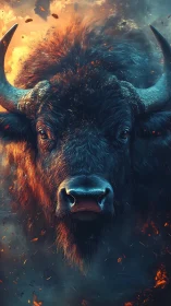 Buffalo head portrait in dual toned fire and smoke field.