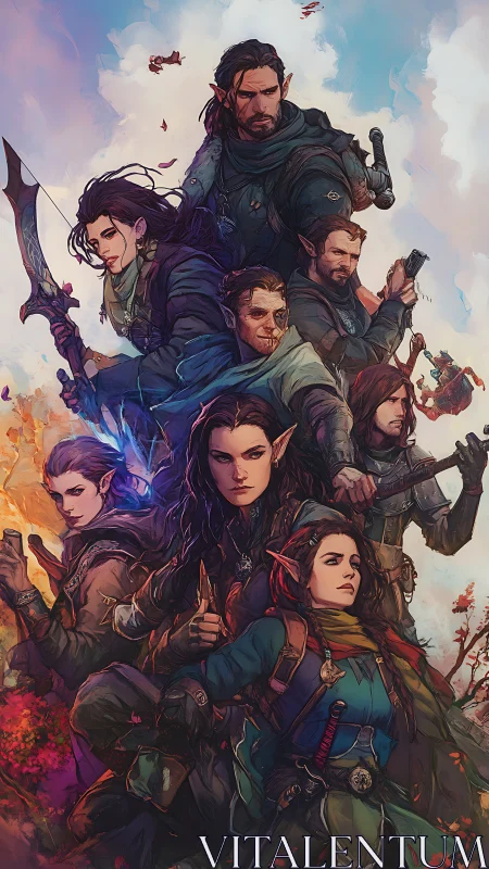 Elven adventuring party in dynamic vertical fantasy tableau.