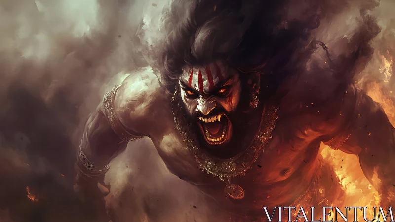 Fierce warrior spirit erupts from fire and smoke in battle rage