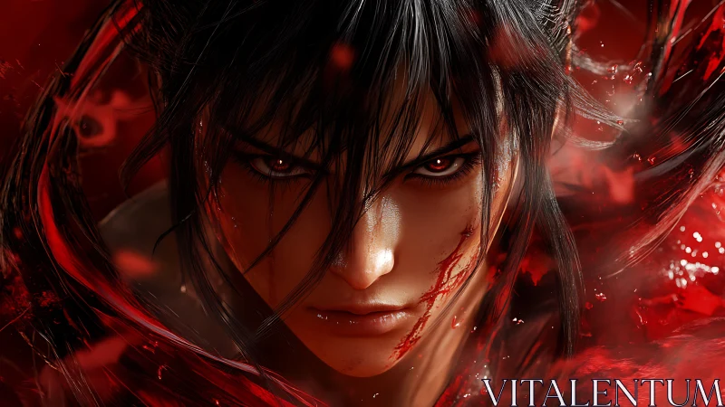 Hyper-real anime warrior portrait in blood-red vortex focus.